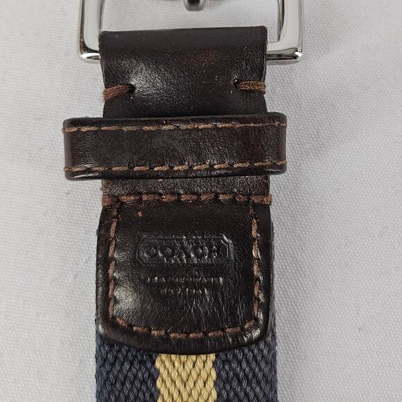 COACH VINTAGE BROWN LEATHER, GRAY & BEIGE STRIPE BELT – CHROME BUCKLE – SIZE 36" - Picture 3 of 10